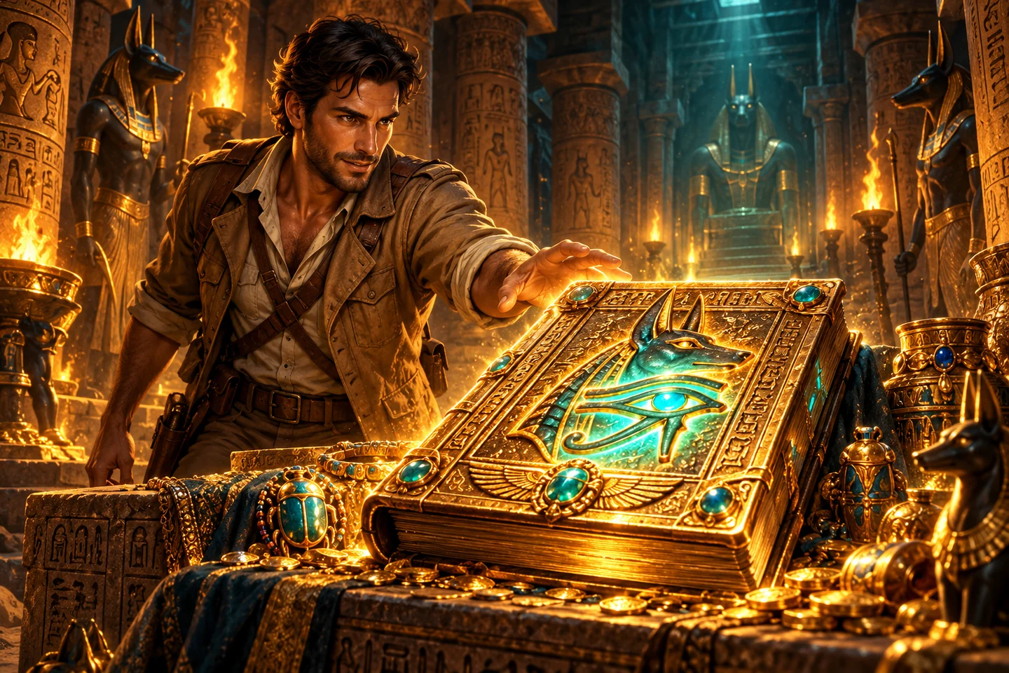 Slot-themed illustration of an adventurer discovering a glowing golden book in an Egyptian tomb