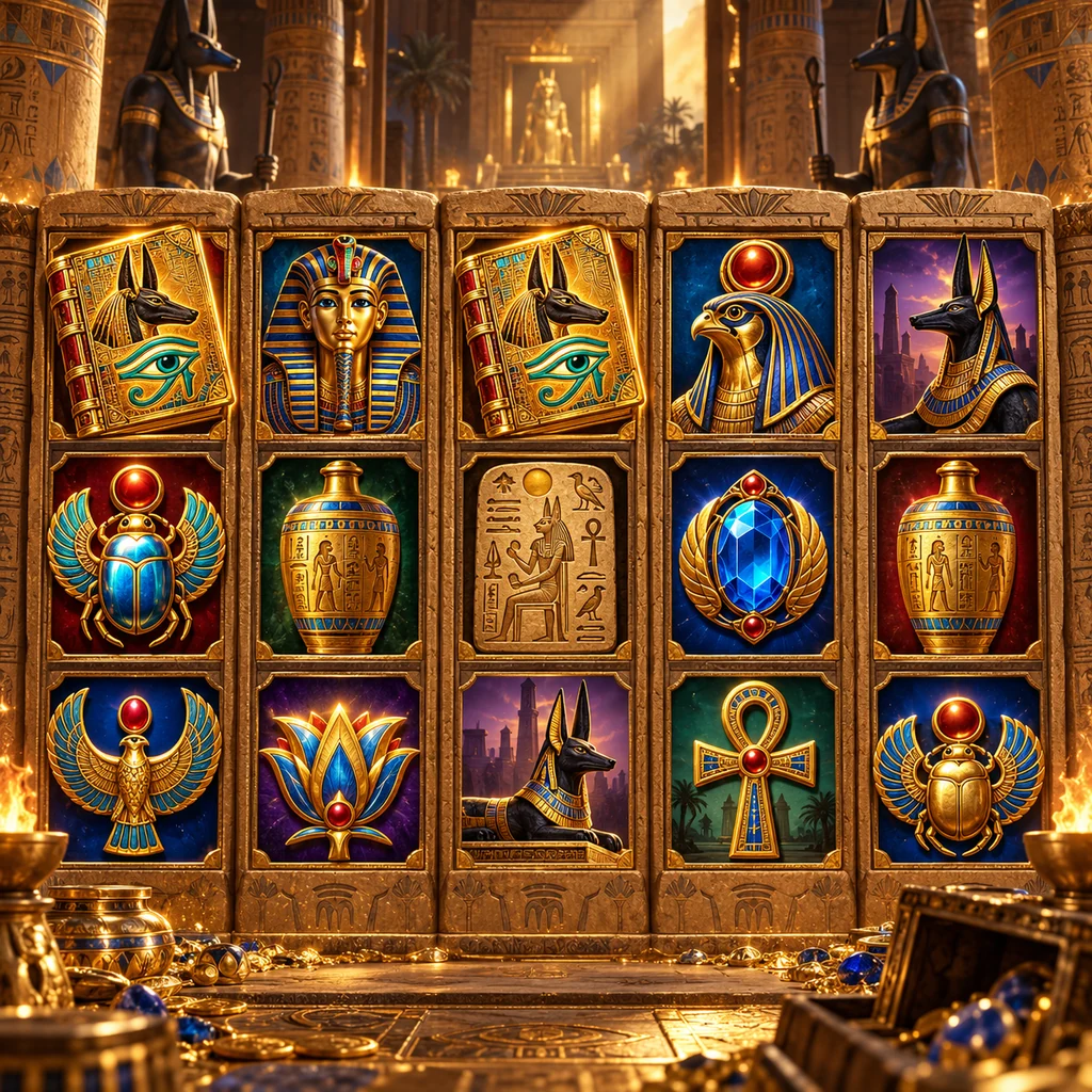 Egyptian-themed slot reels with an Anubis book, pharaoh mask, scarabs and jewel symbols