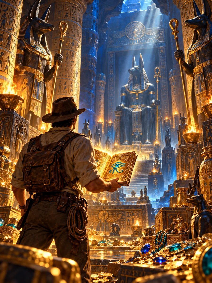 Slot-inspired scene of an explorer holding the glowing Anubis book inside a monumental Egyptian tomb